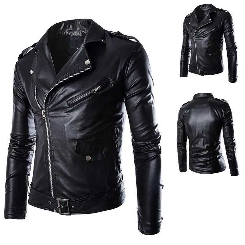 Fashion PU Leather Jacket for Men with Buckle Zip Lapel Collar British Black White Punk Rock Outerwear Coats 2023 XJ250818