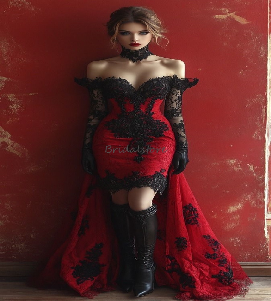 Vintage Red Vampire Prom Dress Hi Low Gothic Halloween Evening Dress Witchy Gothic Black Lace Overskirt Train Formal Homecoming Cocktail Party Wear