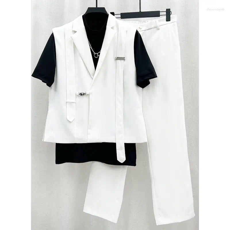 Men's Tracksuits Black Handsome Two-sided Slit Streamer Blazer Vest Suit Outer Wear 2025 Korean Loose Two-piece Set Aesthetic Urban