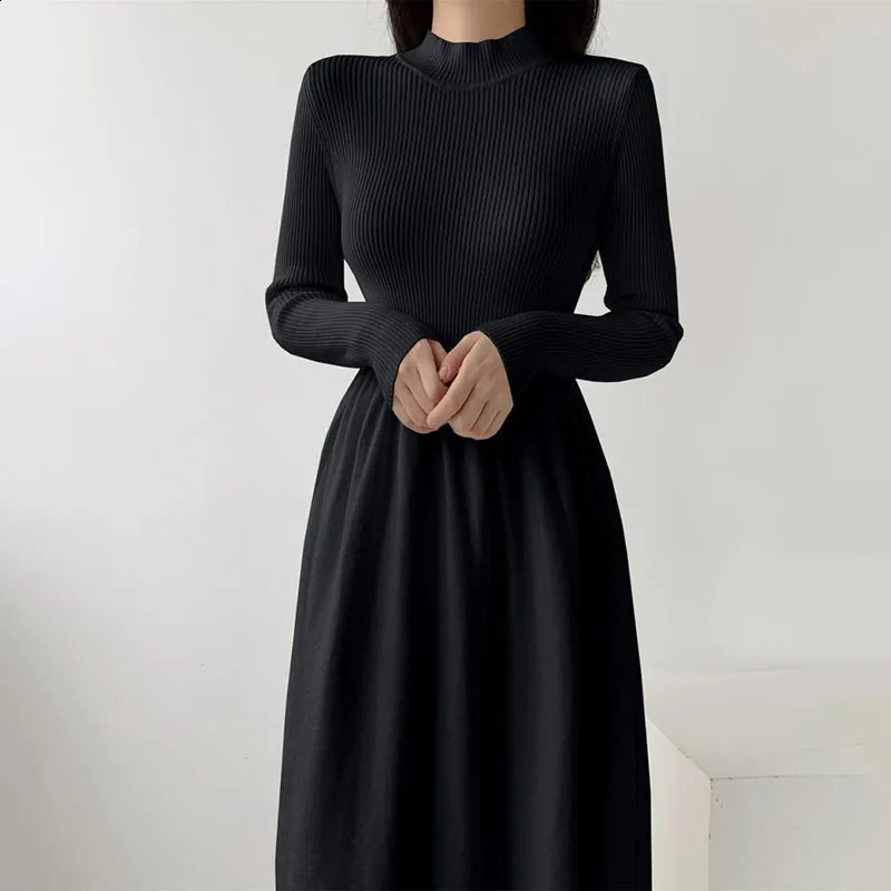 Autumn Winter Women Knitted Dress AllMatch Simple Solid HalfHigh Collar Long Dresses Woman Korean Chic High Waist ALine 250801