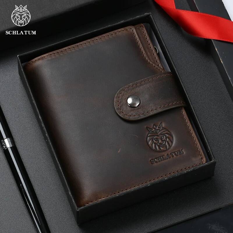 SCHLATUM Genuine Leather Business RFID Men Card Id Holder Coin Purse Travel Wallet Anti-Theft Swipe
