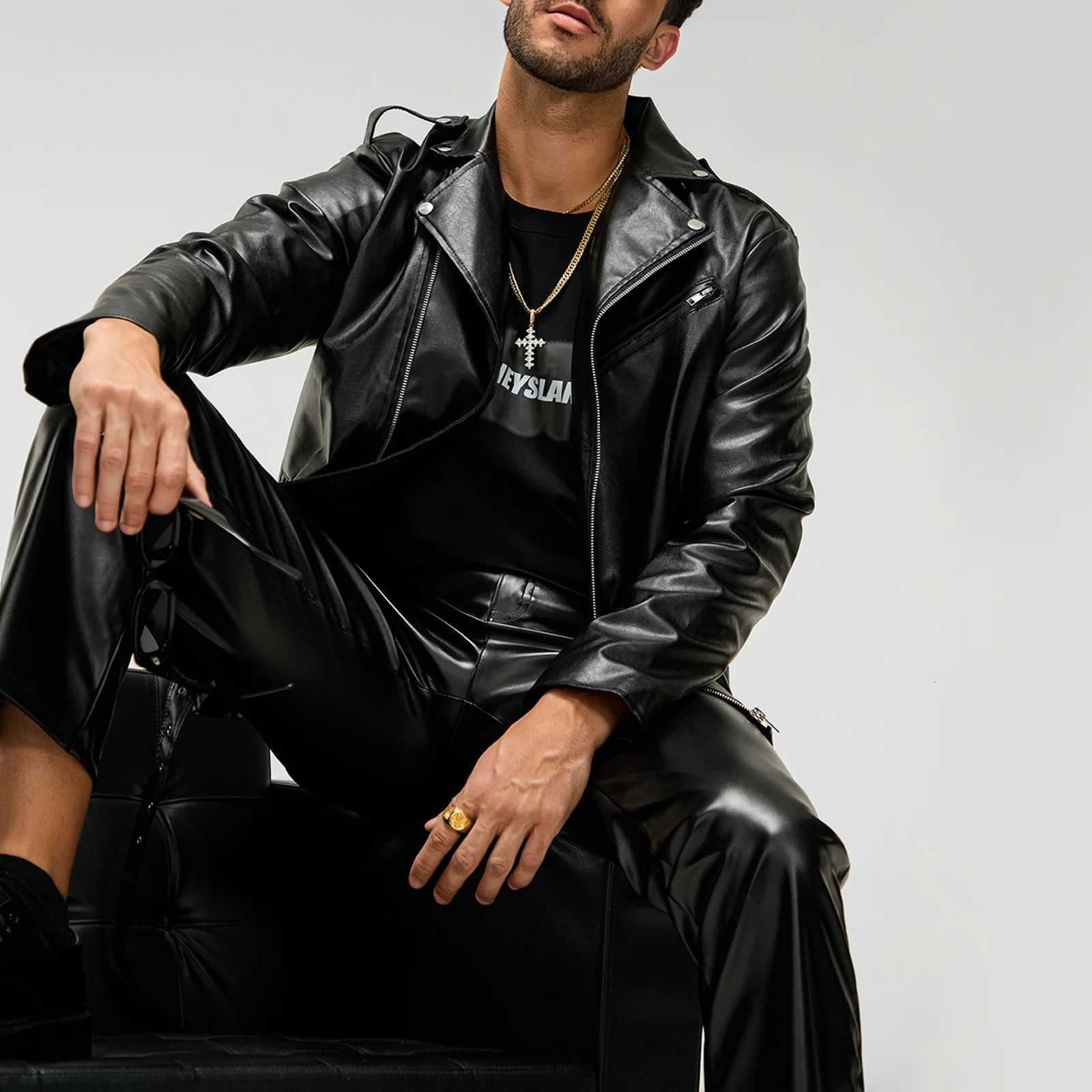 Veste en cuir de moto masculine couleur à manches longues à manches longues zip up up slim fit avec poches xj250818
