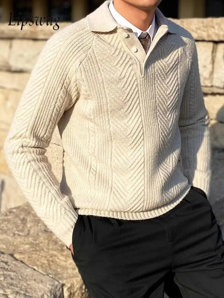 Vintage Textured Knitted Polo Shirts Mens Autumn Casual Long Sleeve Slim Sweaters Men Classic Neck Buttoned Knit Jumper Top 250801