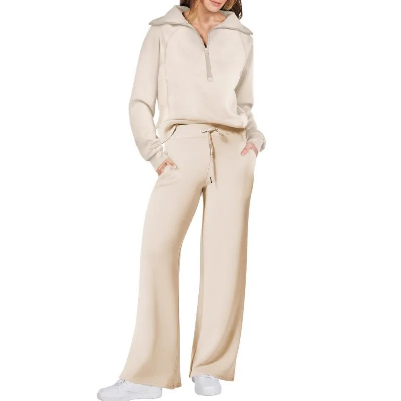 Solid Twopiece set Women Fashion Long Sleeve Zipper Sweater Pullover Tie up Pocket Wide Leg Pant Suit Loose Casual Sport Sets 250818