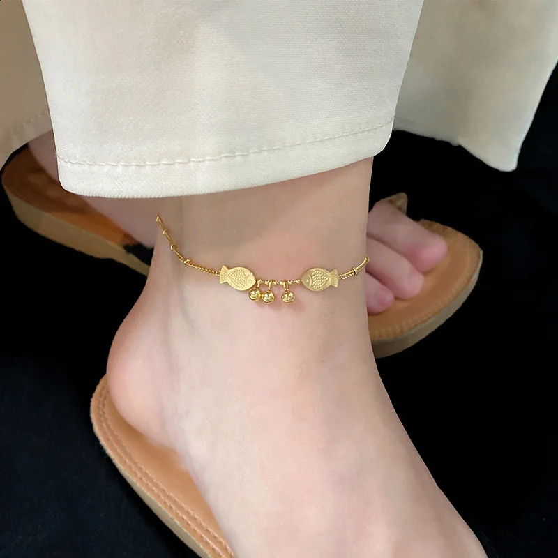 316L Stainless Steel Fashion High-end Jewelry Beaded Qelicate Sculpture Fish Small Goldfish Charm Chain Anklet For Women 250815
