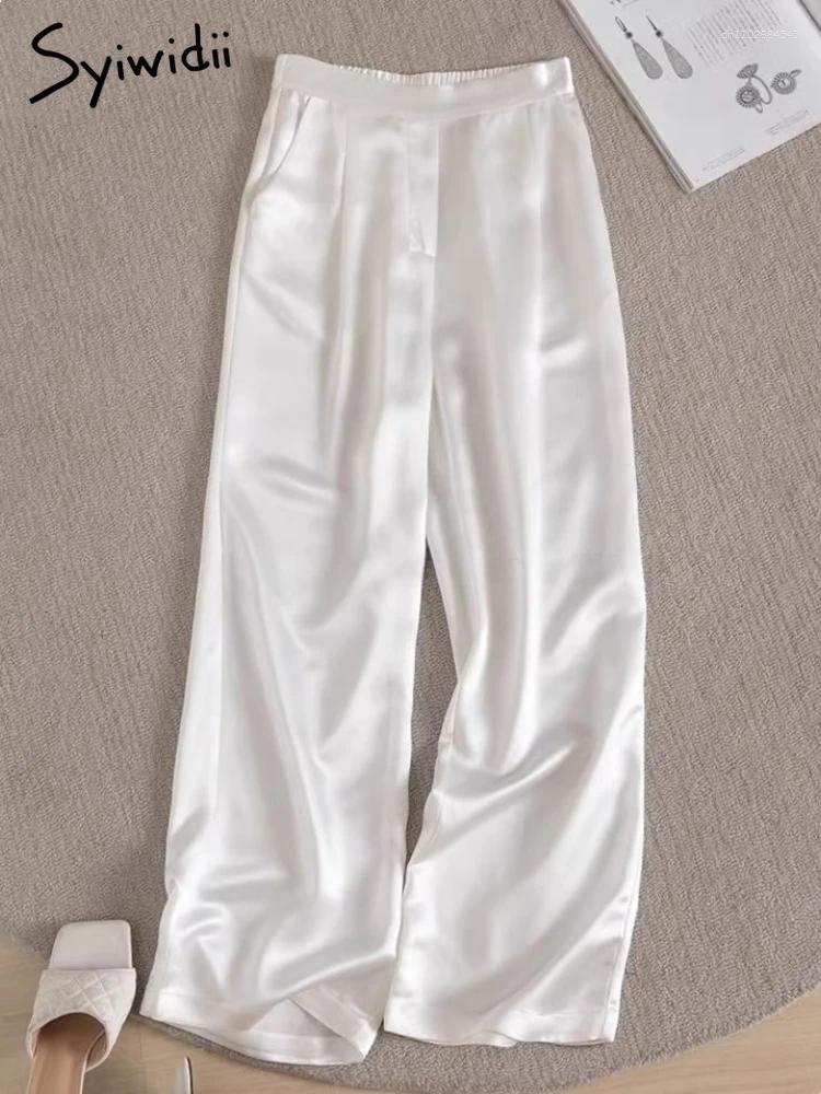 Women's Pants Syiwidii Satin White Women Elastic Waist Straight Casual Trousers Loose-Fit Draped Thin Style High Waisted Lady