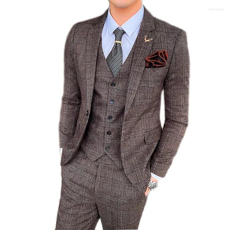 Costumes pour hommes costume bleu foncé veste et gilet d'affaires en trois pièces avec pantalon gris brun slim ajusts de taille asiatique