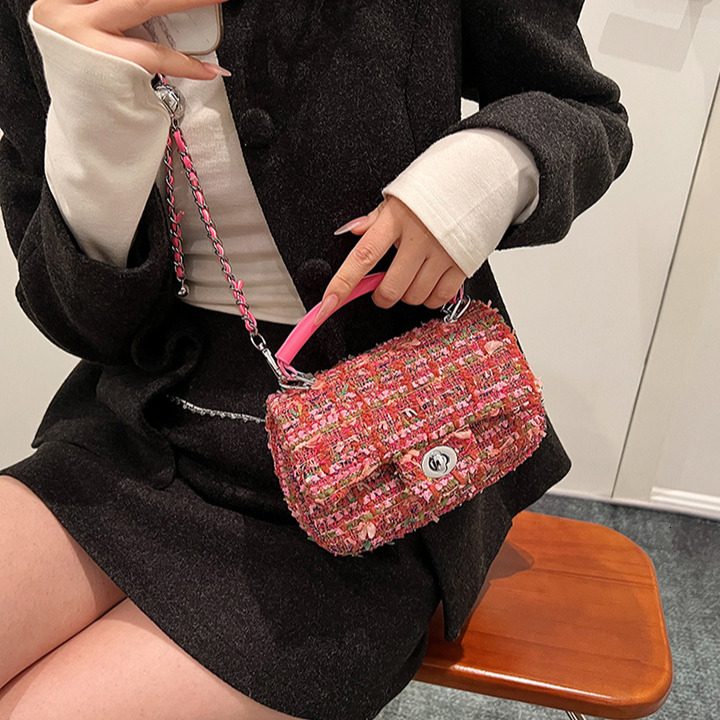 Korean Fashion Women's Woolen Handbag Free Shipping Designer Luxury New Trendy Chain Small Square Bag Texture Striped Shoulder Bag Casual Bag