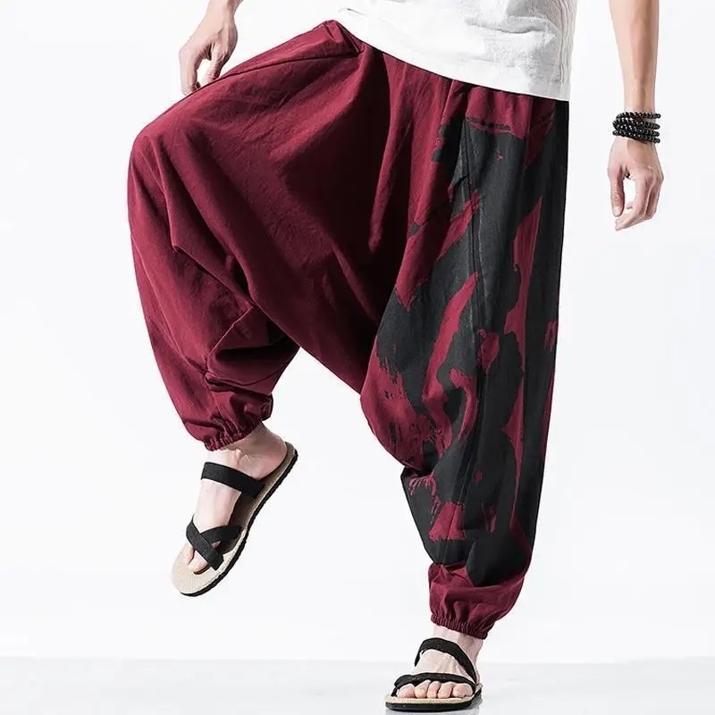 Hip Hop Style Loose Fit Low Waist Cotton Linen Special Cropped Pants Japanese Baggy For Men 250729