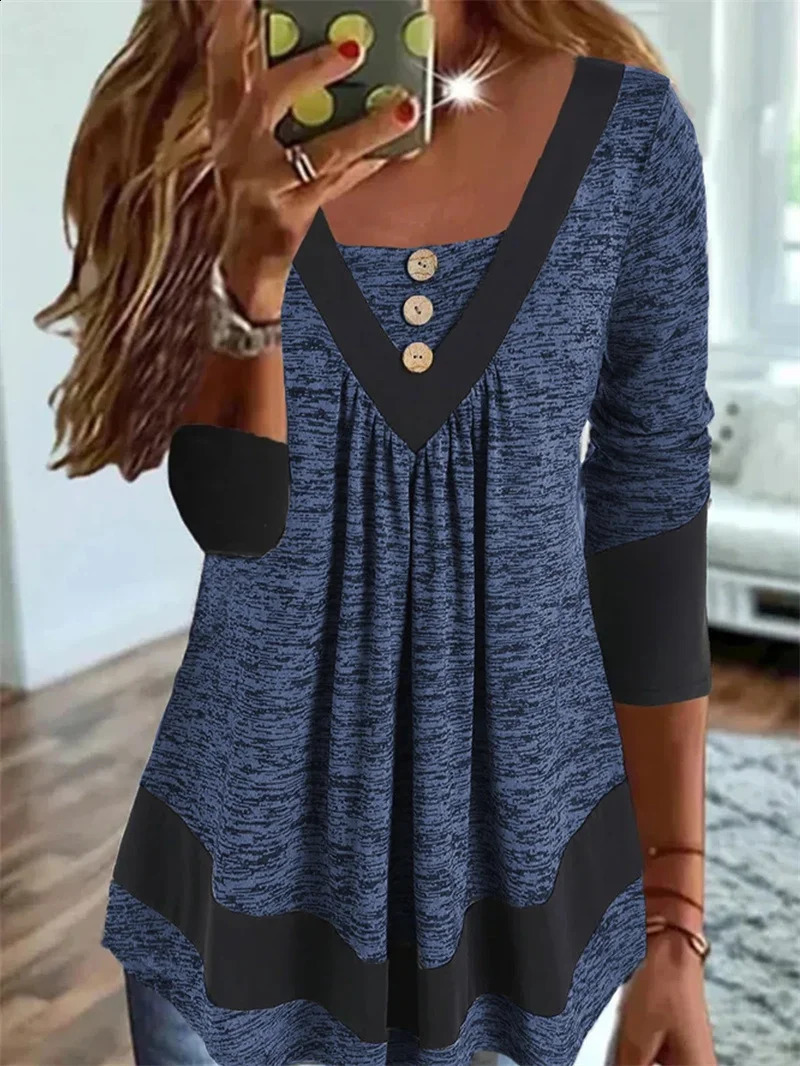 Autumn Winter V Neck Button Splice Long Sleeve Womens Tshirt Elegant Solid Colour Pullover Tops Casual Office Female Tees 250801