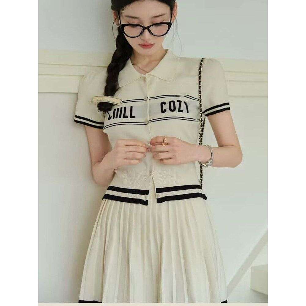 2025 New Summer Sports Casual Fashion Two-Piece Set Letter College Style Girl Top Short Skirt Knitted Suit