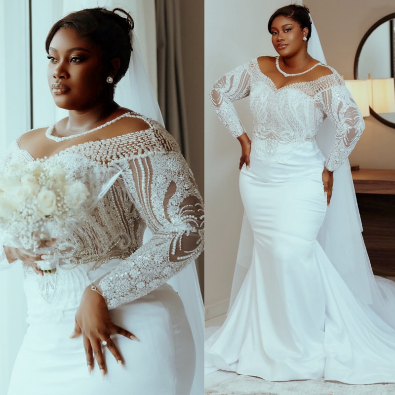 Plus Size Aso Ebi African Wedding Dress Bridal Gowns For Bride Mermaid Wedding Gowns Sheer Neck Long Sleeves Beaded Lace Bridal Dress D607