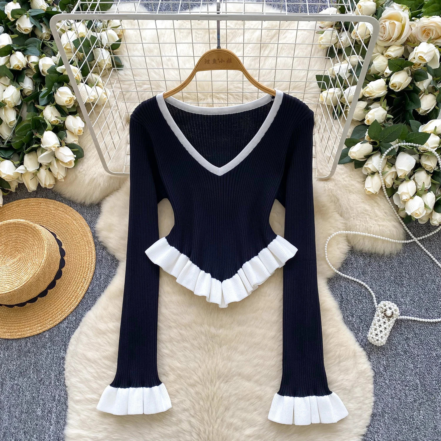 2026 Autumn Basic Women Big Vneck Elastic Flare Sleeve Knitted Sweater Hit Color Ruffles Spliced Slim Pullover Tops 250818
