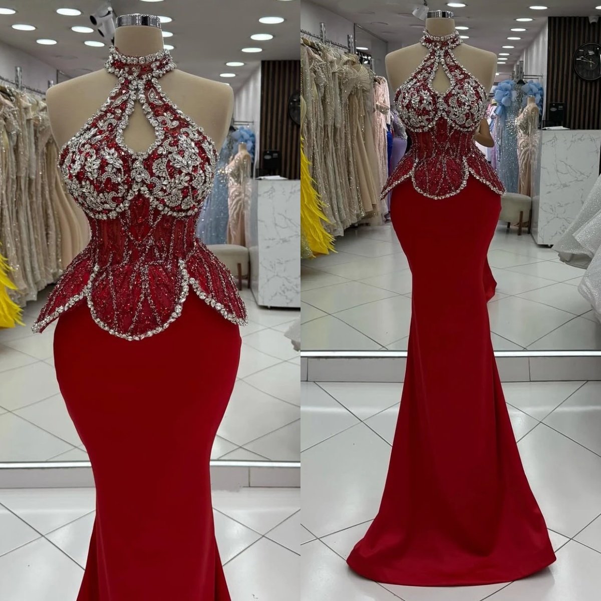 Stylish Halter Evening Dresses Rhinestone Sequins Prom Gowns Backless Sleeveless Princess Sweep Train Customized Vestidos De Noche Plus Size