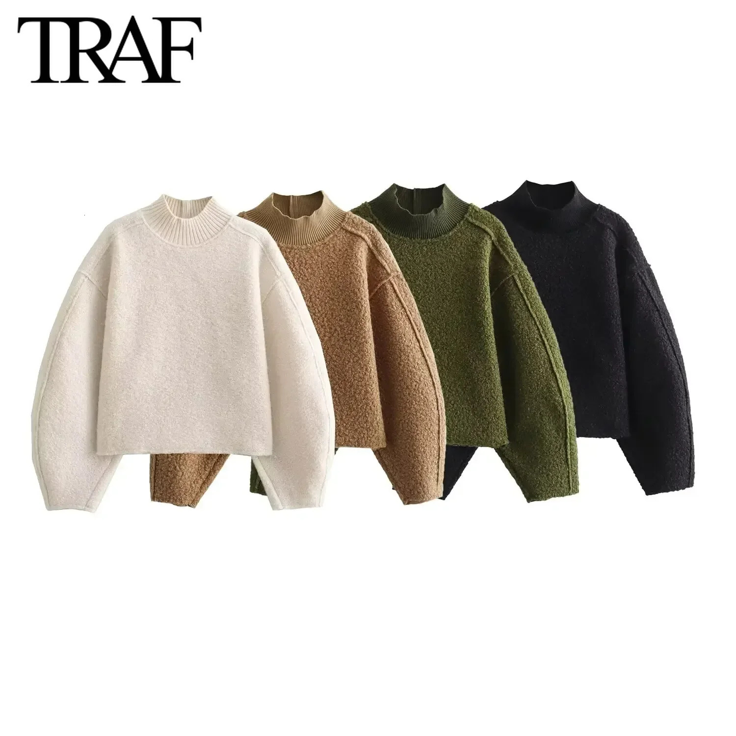 TRAF Women Fashion Autumn Winter Loose Solid Color Long Sleeved Stand Collar Pullover Top Chic Female Sweatshirt 250818
