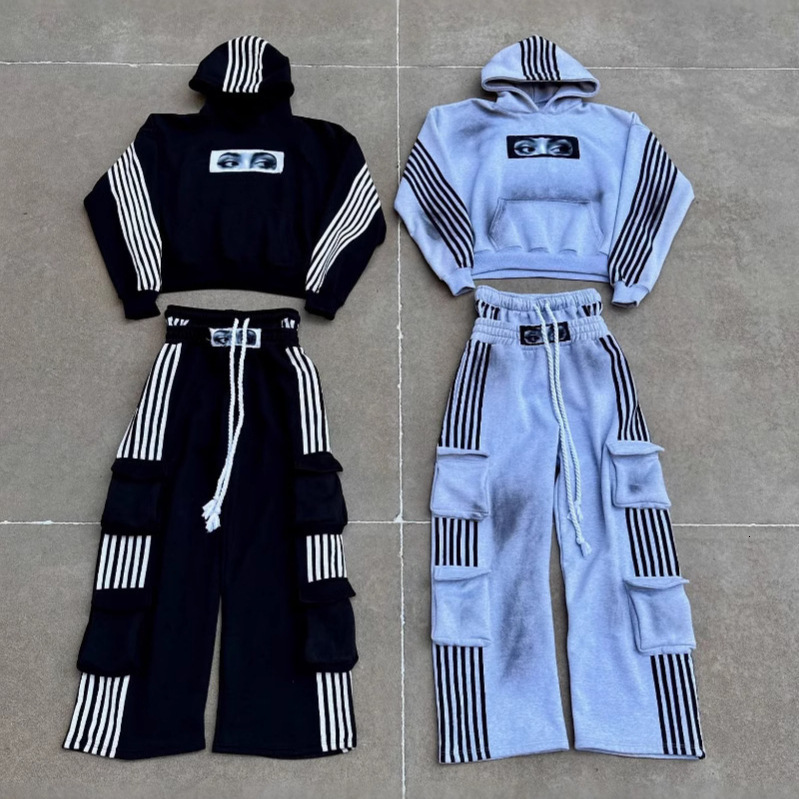 American Style Striped Print Loose hoodie Unisex Street Hip Hop Personality Patch Embroidered Sweatshirt and Sweatpants