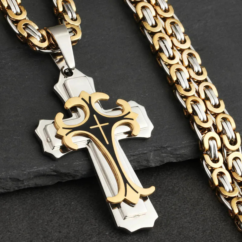 Collier de croix latin chrétien mâle vintage Multi-couches en acier inoxydable Colliers Colliers catholiques 250805