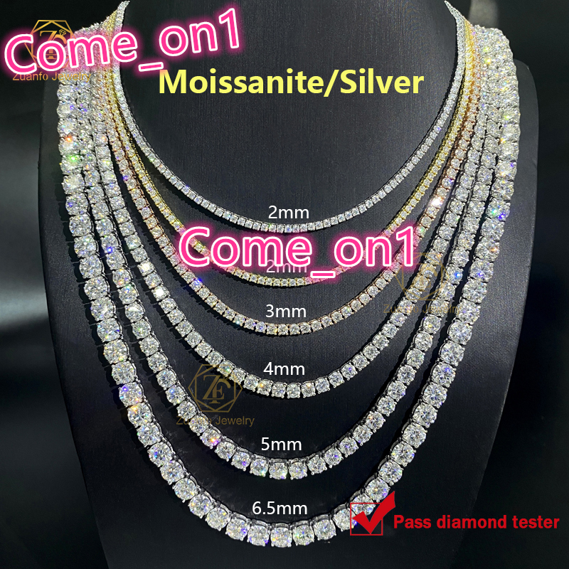 Full Size Vvs Moissanite Diamond Hip Hop Tennis Chain Pass Diamond Tester 2mm-6.5mm Moissanite 925 Silver Iced Out Tennis Chain