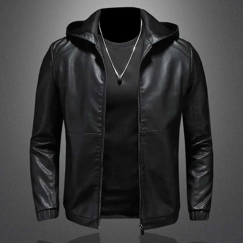 Autumn Mens Hooded Pu Leather Jacket Fashion Black Motorcycle Leather Coats High Quality Casual Streetwear Zipper Outerwear Men XJ250818