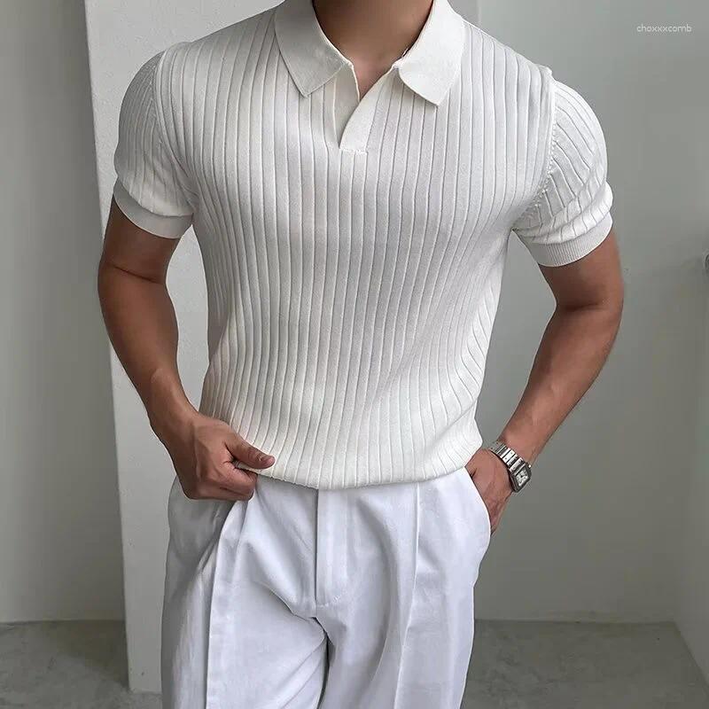 Men's Polos 2025 Summer Breathable Knitted Short Sleeve Homme Casual Business Striped Lapel Polo T-shirts Y2K Vintage Tee Tops