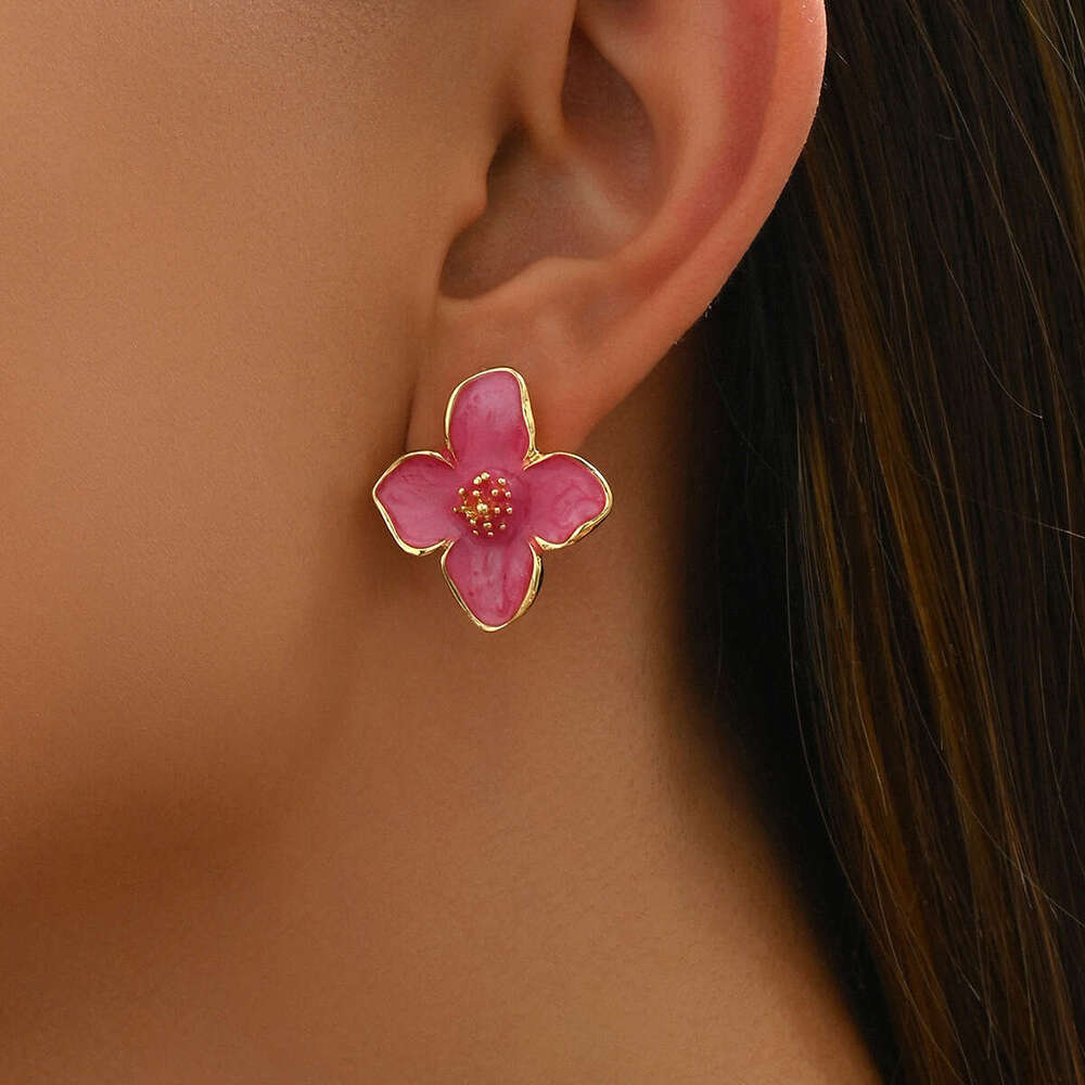 Ins Japanese and Korean Style Fresh Sweet Women's High-end Flower Oil Design Stud Earrings Niche Ear Jewelry