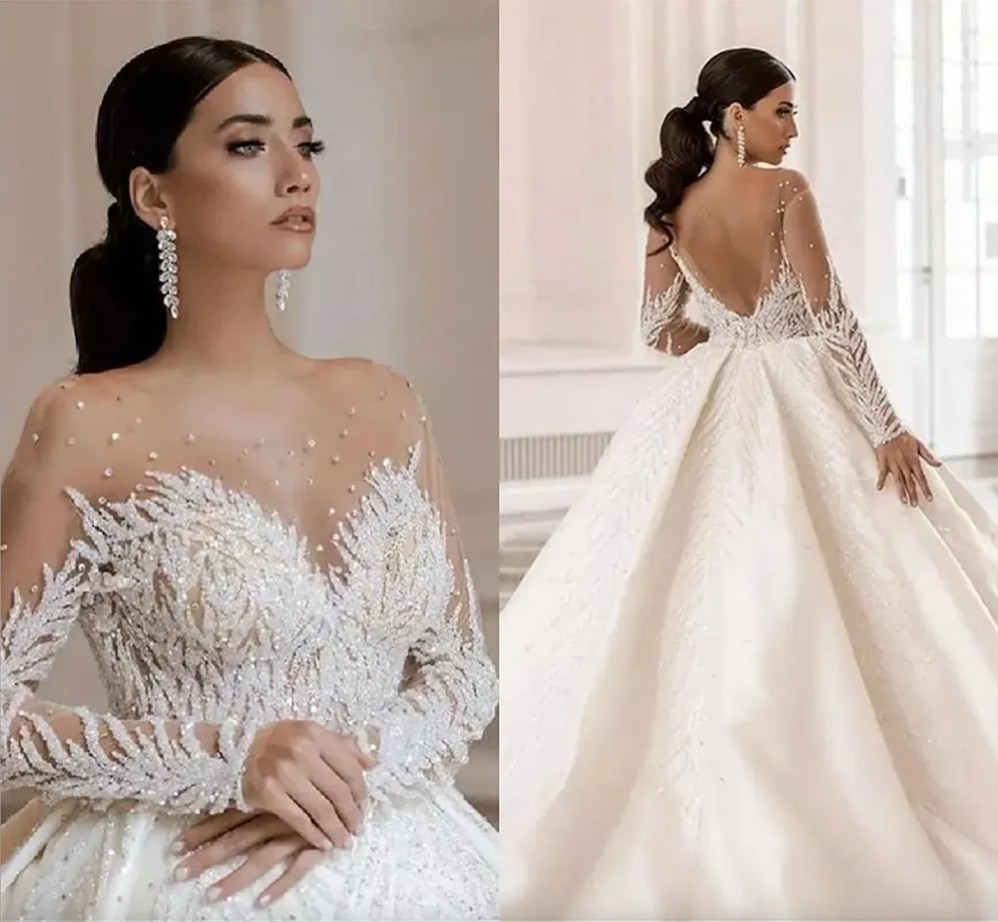 Luxury Arabic Dubai Beads Crystals Ball Gown Wedding Dresses Vestido de Noiva Soft Tulle Long Sleeve Wedding Bridal Gowns