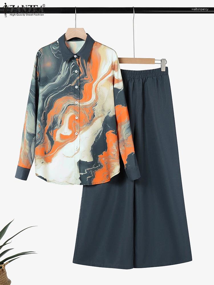 Women's Two Piece Pants ZANZEA Fashion Women Pieces Sets Long Sleeve Lapel Shirt Wide Leg Pant 2PCS Holiday Outfits Casual OL Work