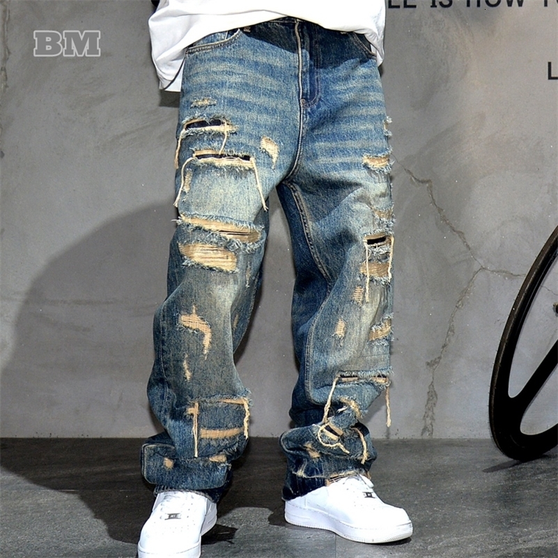 Mens Ripped Baggy Jeans Distressed Denim Streetwear Skateboard Pants Straight Leg Patchwork Oversized Urban Fashion Workwear 250815