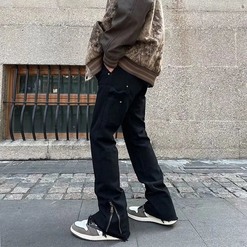 Y2K Streetwear Ankle Zipper Black Cargo Jeans Pants For Men Hip Hop Straight Korean Casual Long Trousers Pantaloni Uomo 250818