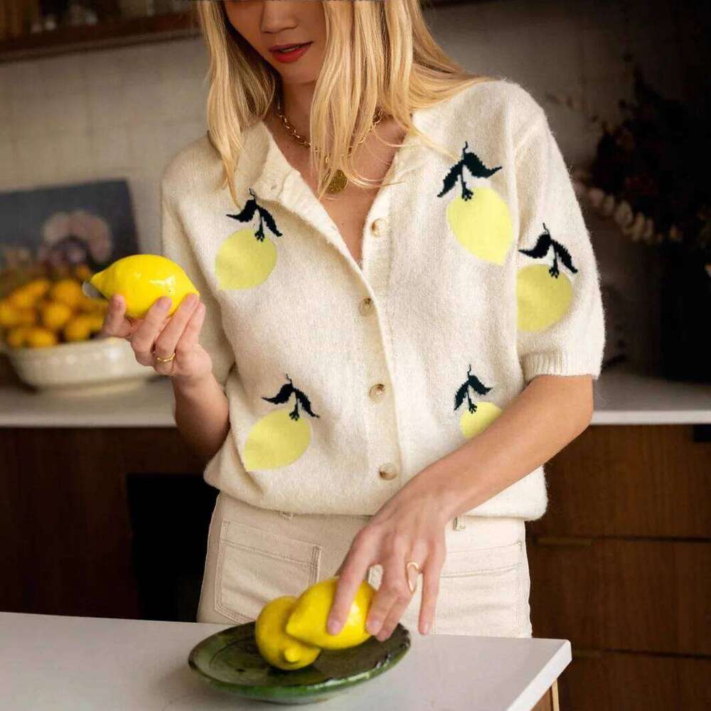 Designer Clothing 2025 Women Lemon Knit Cardigan Cute Short Sleeve Button Down Sweater Vest Top 2025 Autumn New In Aesthetic Fruit Pattern