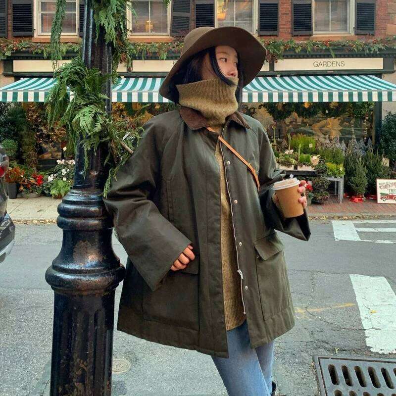 Veste à glissière verte de l'armée de femmes retein de collier décontracté coton coton double poche couleur patchwork femelle coat lâche 250818