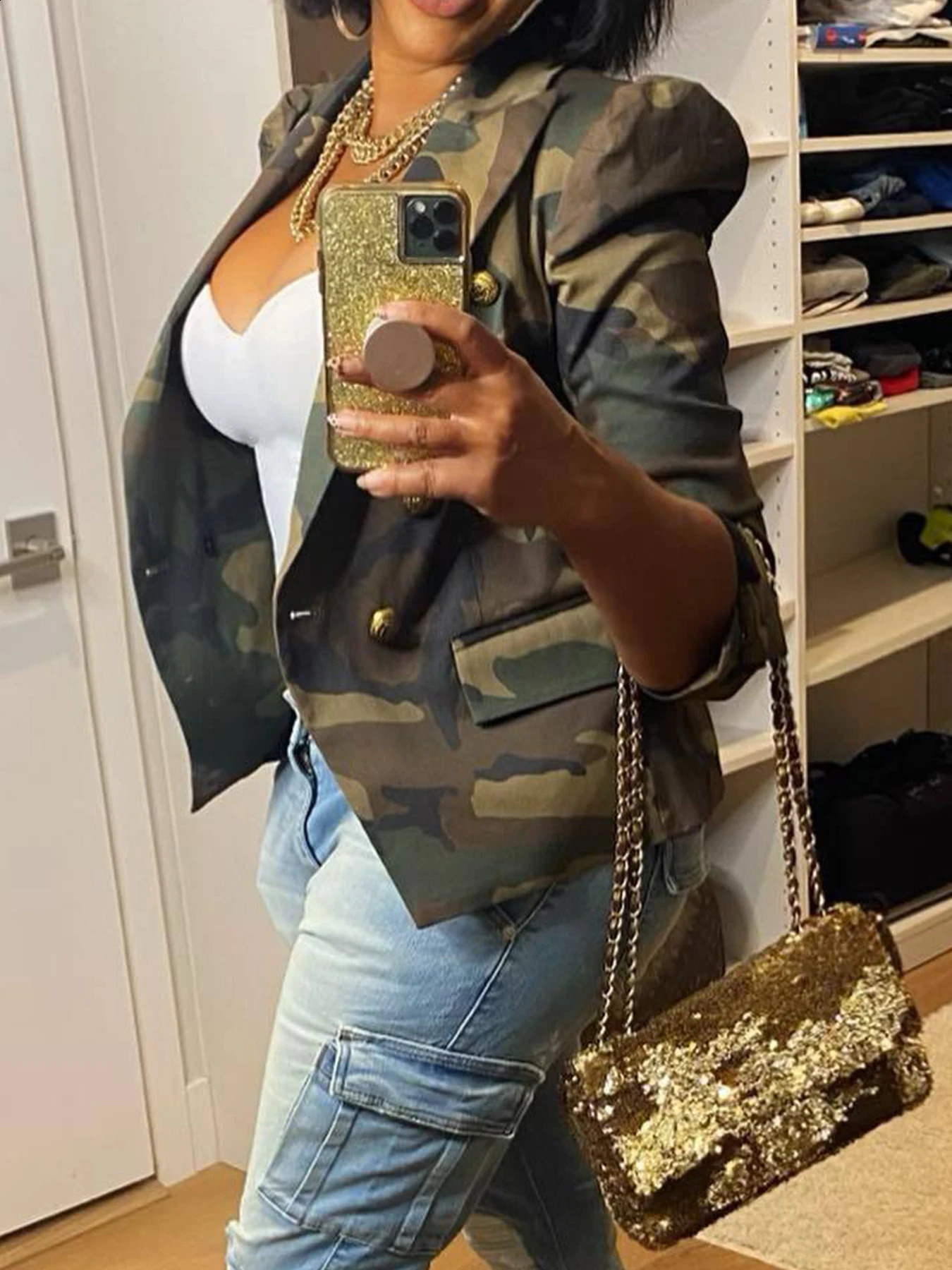 Camouflage Printed Double Breasted Jacket Casual Long Sleeved Lapel Open Top Suitable for Spring and Autumn Womens Clothing 250801