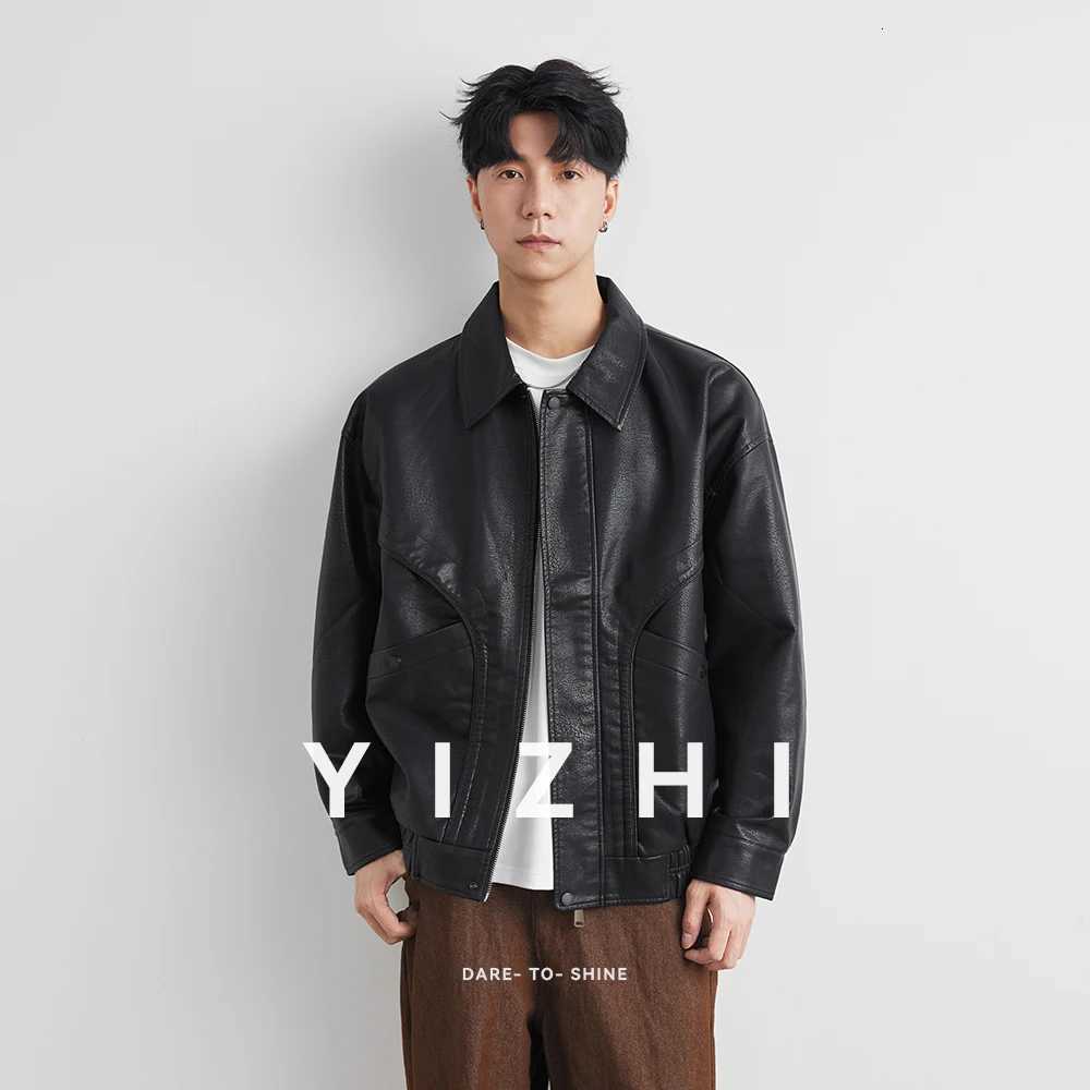 Trendy Mens PU Jackets Classic Solid Color Straight-leg Casual Lapel Leather Jacket Social Versatile Coats Tops Streetwear XJ250818