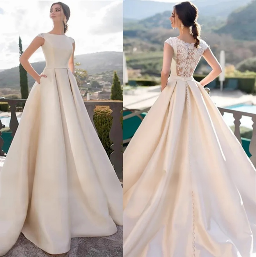 Élégant simple robe de mariée en dentelle en satin boho pour les femmes robes mariée A-line avec poches vestido de novia coutume robe mariee