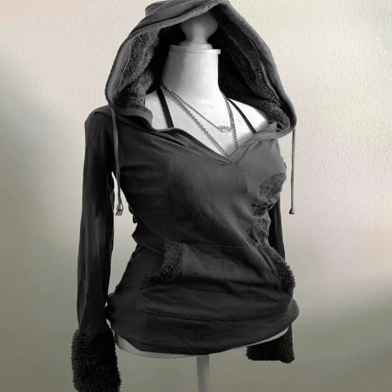 Y2K rétro gris pullor lambage en laine sweat à capuche de femmes vêtements harajuku fille mince automne hiver goth tops sexy 250815