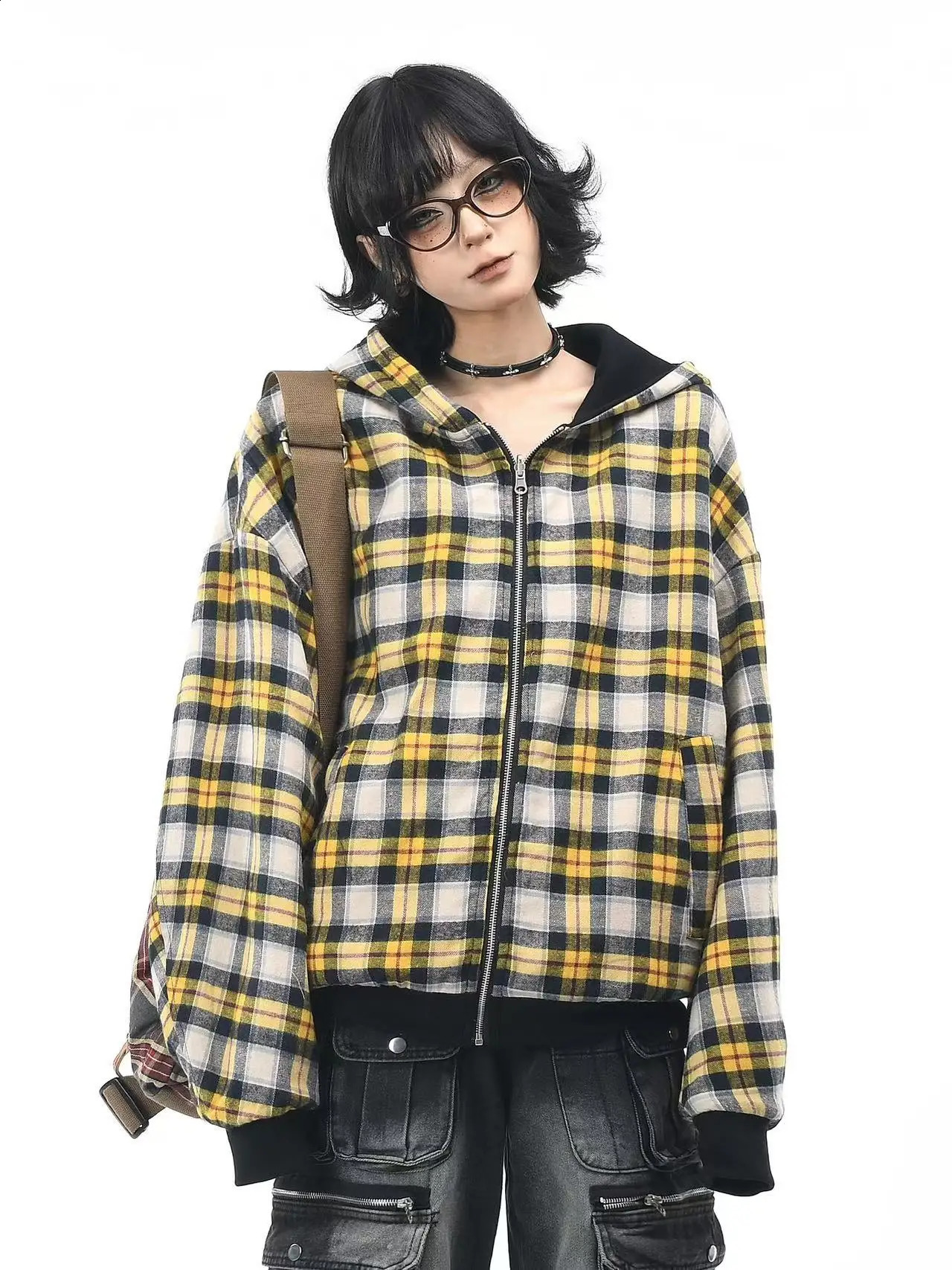 Streetwear Simple Plaid Oversize HighQuality DoubleSided Sweatshirt Womens Y2K Harajuku HipHop Gothic Couple Casual Coat 250805