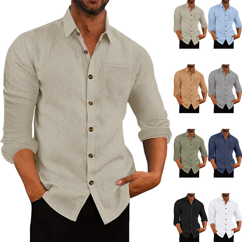 Men's Linen Shirt Notch Lapel Solid Color Long Sleeve Top Loose Open Front Casual Tee European size: S-3XL