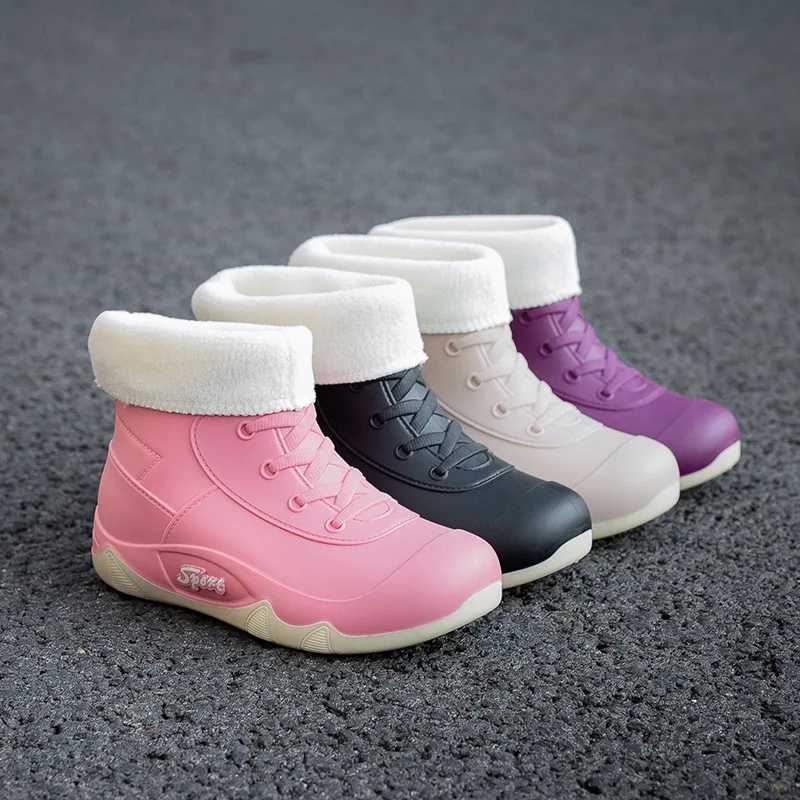 New Plush Waterproof Rain Shoes Womens Stylish Fake Laces Ankle Rain Boots Womens Non-Slip Galoshes Soft Rain Shoes Winter BootieXJ250818