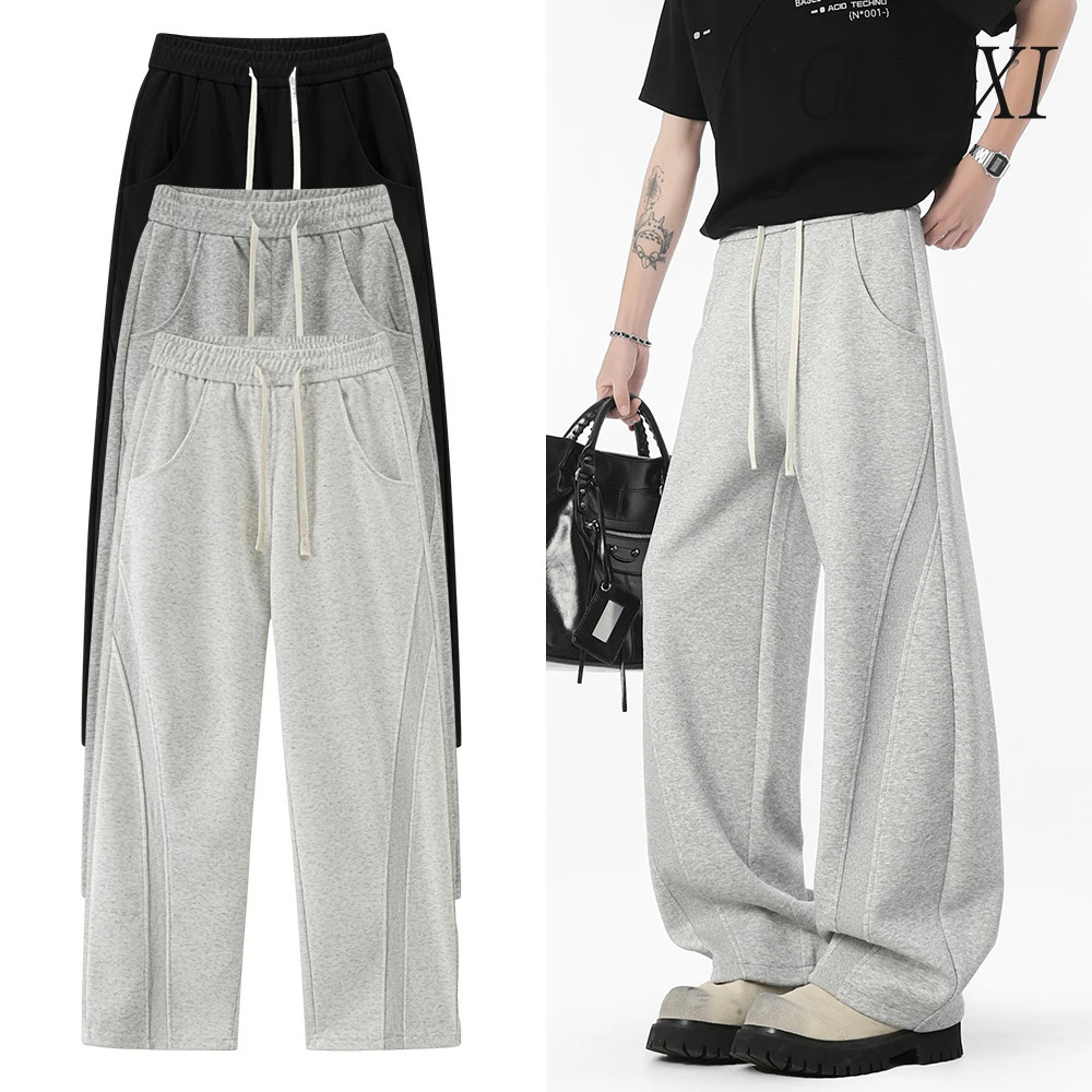 Mens Clean Fit Patchwork n Bending Knife Pants Korean Minimalist StraightLeg MidRise WideLeg Casual Trousers 250818