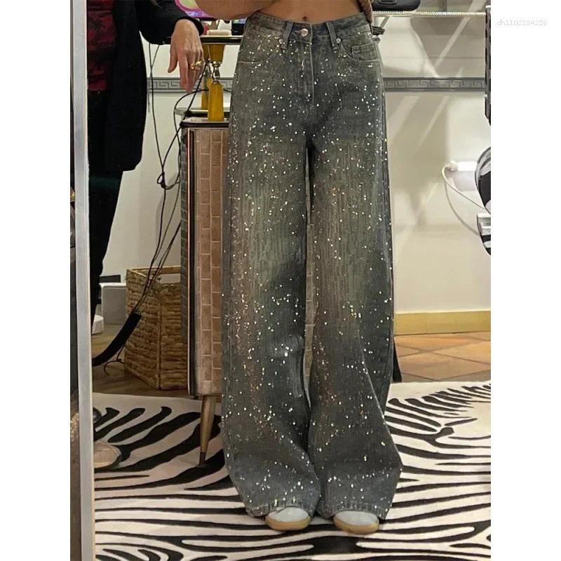 Men's Jeans Retro American Washed Rhinestone Denim Pants Women Summer Full Sky Star Heavy Duty Millennium Spicy Girl Wide Leg Long Trousers