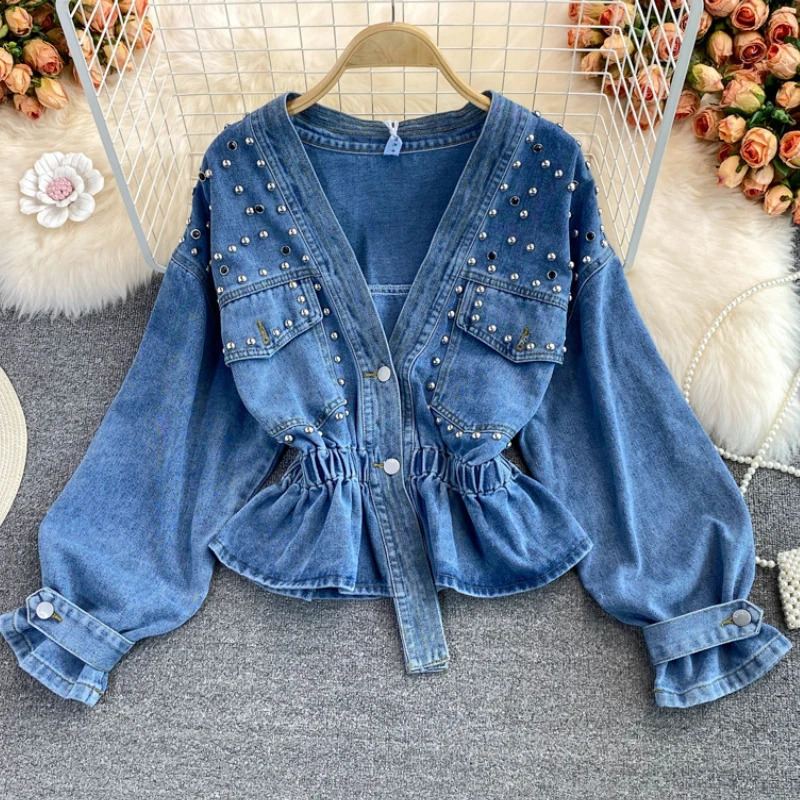 Denim Coat Women Y2k Tops Coats Jeans V Neck Short Top Casual High Waist Single Breasted Elegant Blouse Splice Autumn Spring 250801