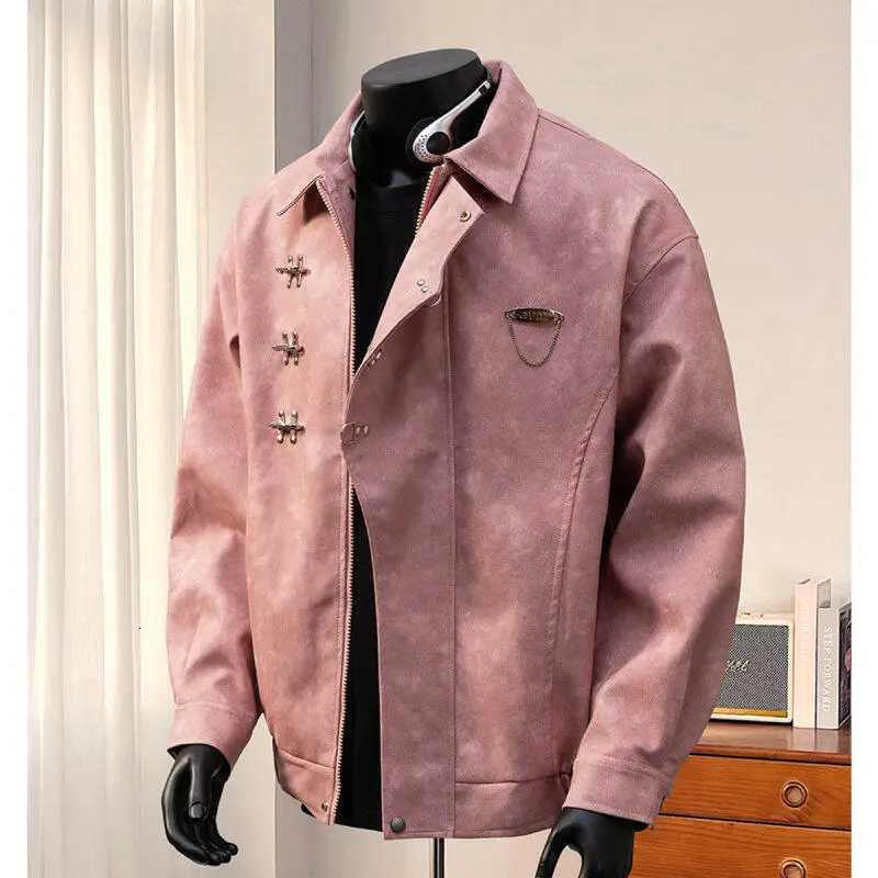 Pink Leather Jackets for Men Solid Hip Hop Punk High Street Faux Leather Coat Mens Fashion Clothing XJ250818