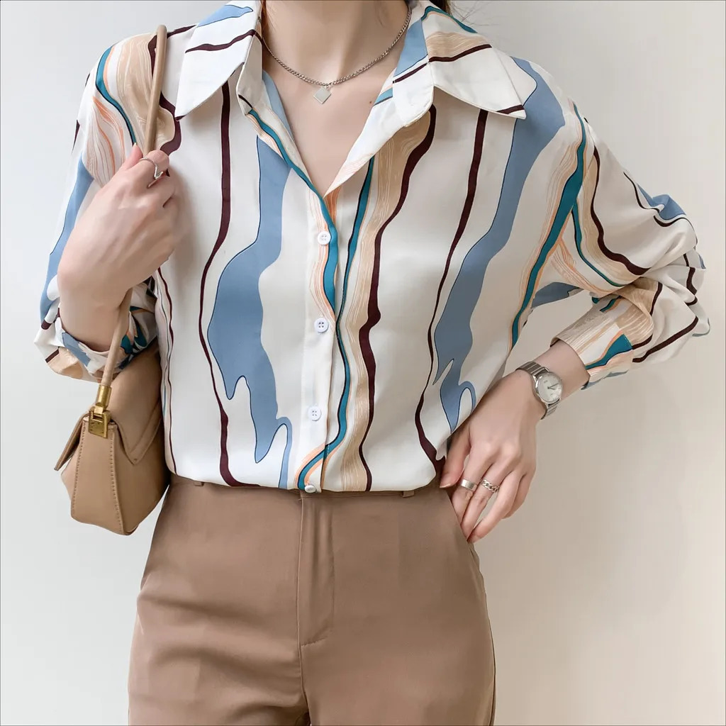 Lady Long Sleeve Striped Shirt Fashion Korean Style Work Casual for Women Blouse Top 250813