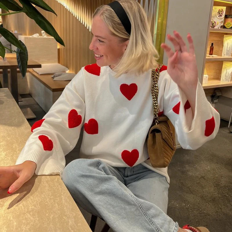 Sweet Heart Sweater For Women Fashion Cute Vintage Loose Knitted Pullover Knitwear Long Sleeve ONeck Female Chic Lady Tops 250801