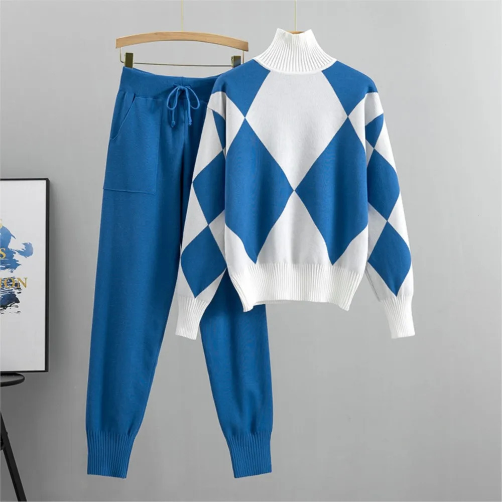 Pull à col roulé à carreaux à carreaux en tricot pour femmes 2 pièces Autum hiver décontracté dentelle de poche pantalon sportif costume féminin