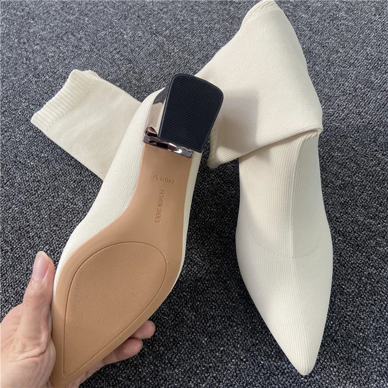 Women Stretch Knitted Sock Boots 7cm 9cm High Heels White Ankle Boots Stripper Low Block Heel Lady Warm Winter Chunky Shoes 250814