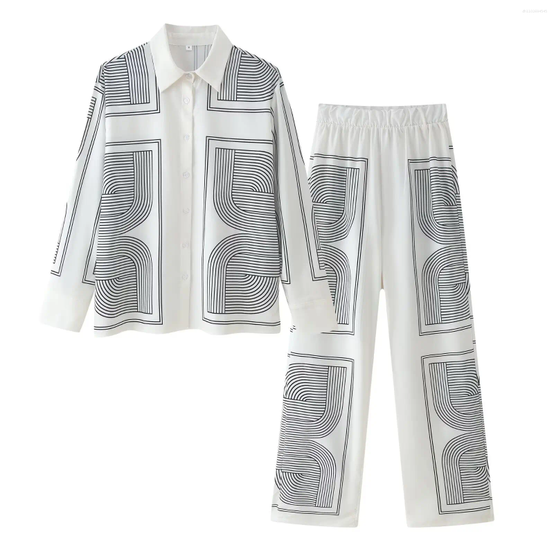 Women's Two Piece Pants ZBZA Women Geometric Print Shirt Trousers Set Loose Lapel Single Breasted Blouse Elastic Waist Straight Summer Top