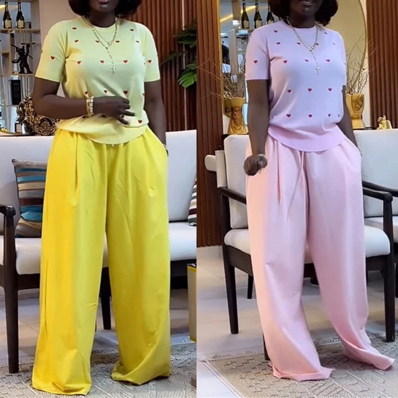 African Two Piece Set Womens Outfits Summer Casual Sweet Fashion Heart Short Sleeve Top and Wide Leg Long Pants Sets 250801
