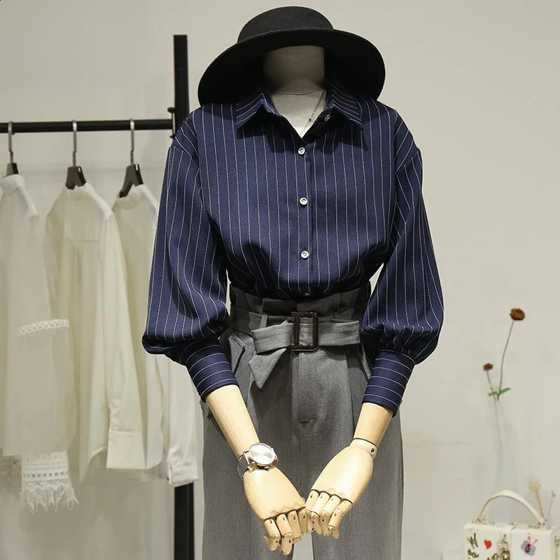 Retro Striped Women Shirts Korean Office Long Sleeve Female Casual Blouse Autumn All Match Button Turn Down Collar Ladies Tops 250813