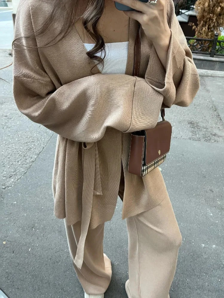 Tossy Autumn Knit 3 PieceSet For Women Outfits LaceUp Vest Outwear Wide Leg Trousers Casual Solid Pleated Ladies Sets 250818